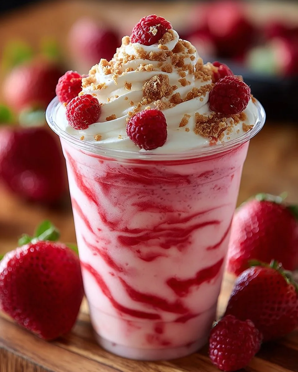 Delicious Strawberries & Cream Frappuccino topped with whipped cream and strawberries