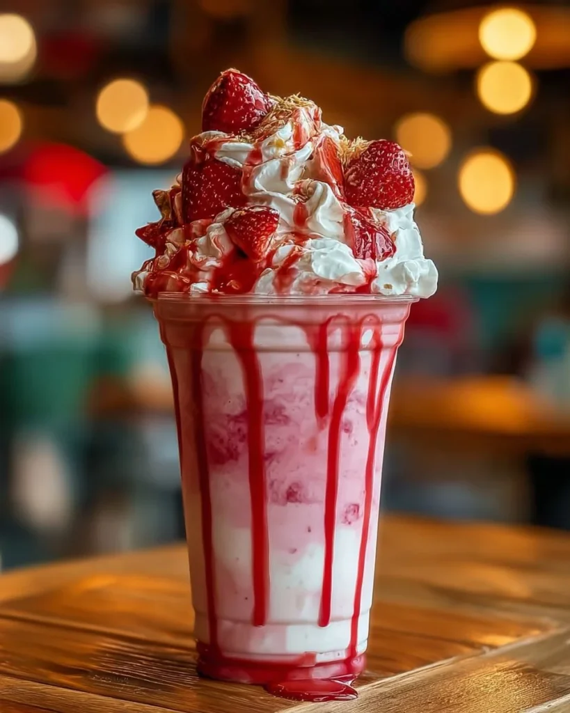 Delicious Strawberries & Cream Frappuccino topped with whipped cream and strawberries
