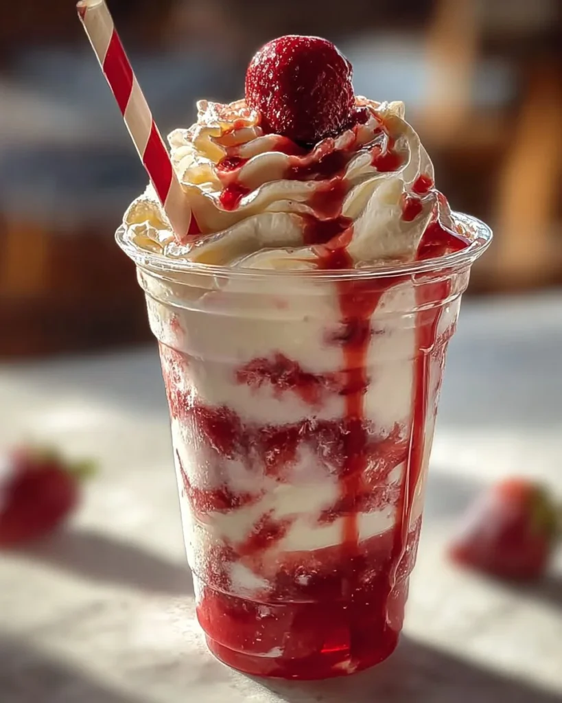Delicious Strawberries & Cream Frappuccino topped with whipped cream and fresh strawberries
