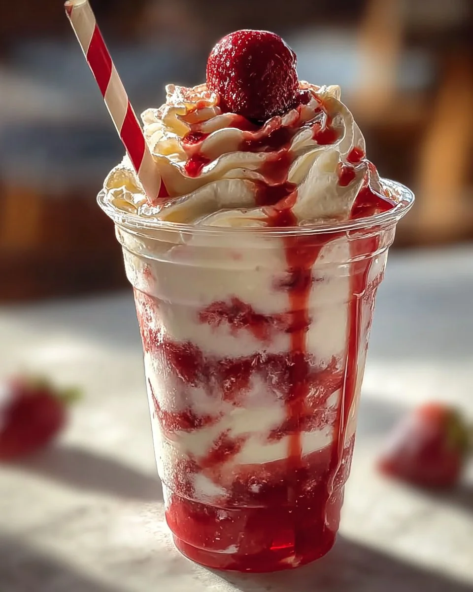 Delicious Strawberries & Cream Frappuccino topped with whipped cream and fresh strawberries