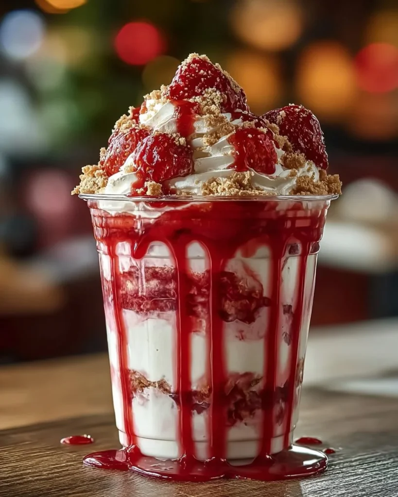 Strawberries & Cream Frappuccino topped with whipped cream and fresh strawberries