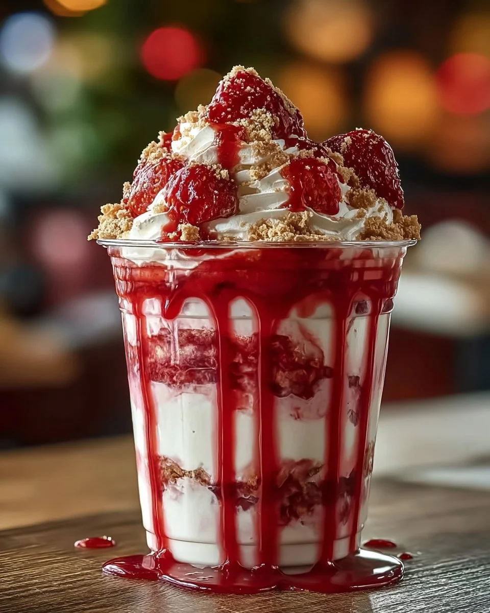 Strawberries & Cream Frappuccino topped with whipped cream and fresh strawberries