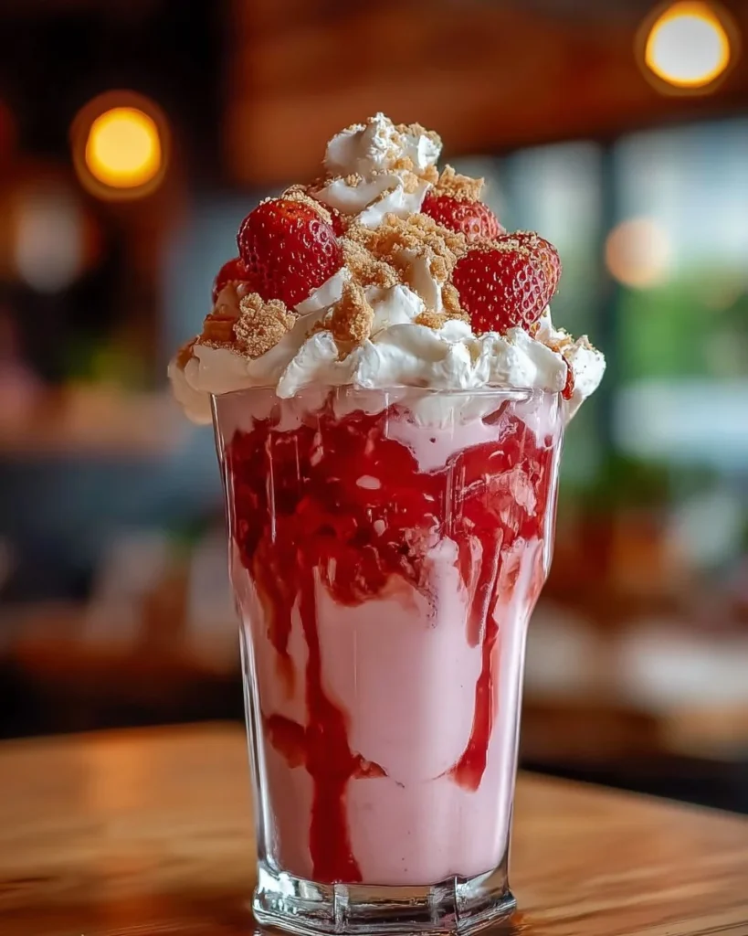 Delicious Strawberries & Cream Frappuccino topped with whipped cream