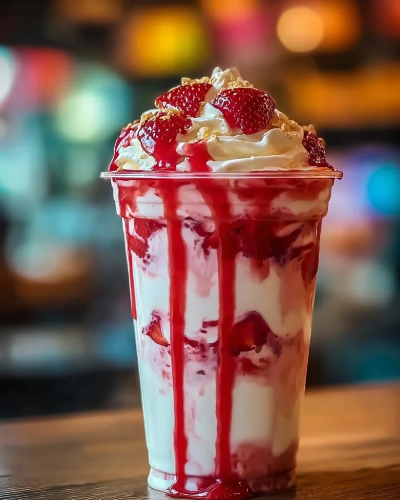 Strawberries & Cream Frappuccino topped with whipped cream and fresh strawberries