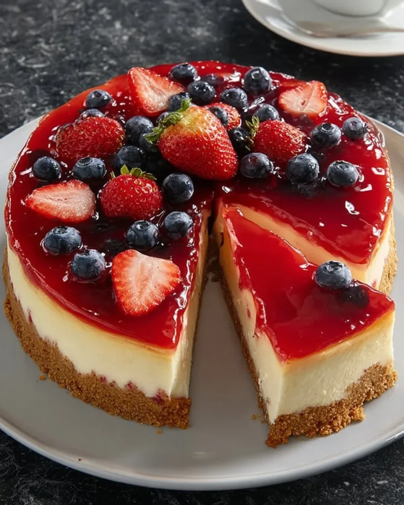 Strawberry and blueberry cheesecake with fresh berries on top