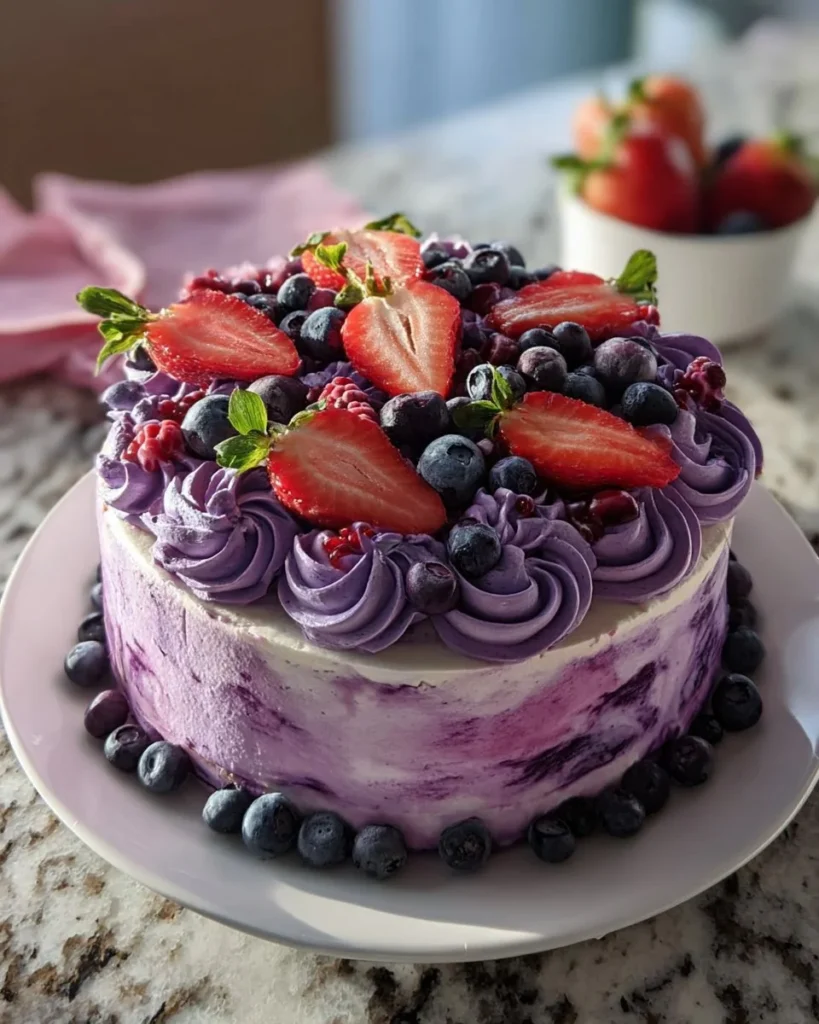 Delicious strawberry cheesecake with blueberries on top, ready to serve.