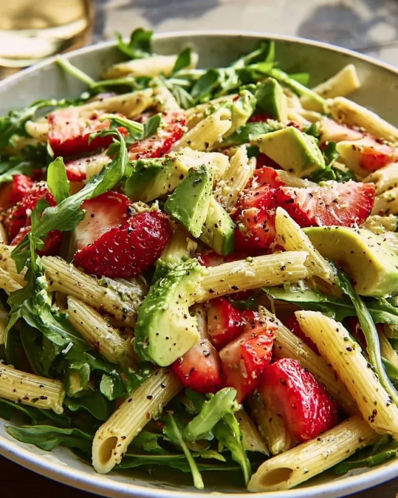 Strawberry Avocado Pasta Salad garnished with fresh herbs and vibrant colors