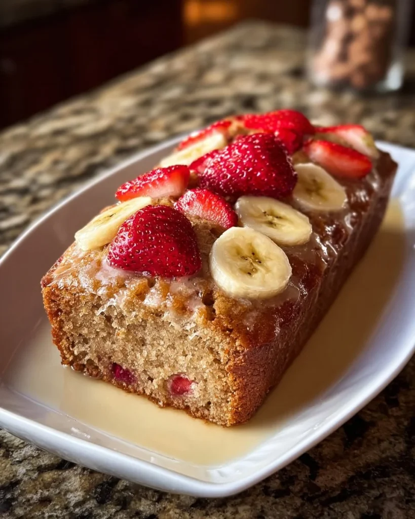 Slice of homemade strawberry banana bread on a wooden table