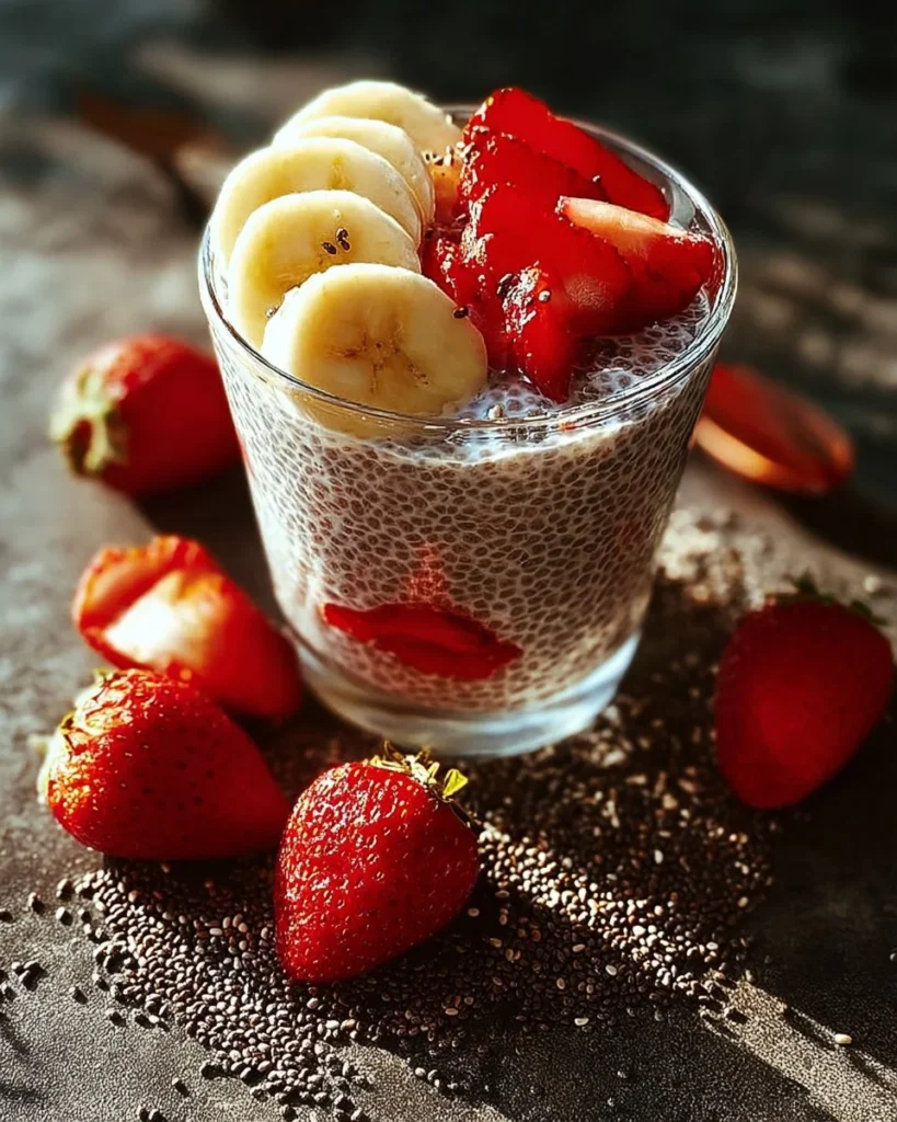 Strawberry Banana Chia Seed Pudding served in a bowl garnished with fresh fruits