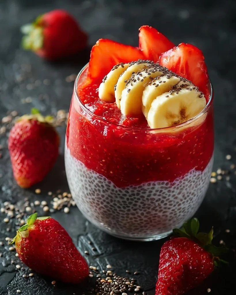 Strawberry Banana Chia Seed Pudding served in a glass cup with fresh strawberries.