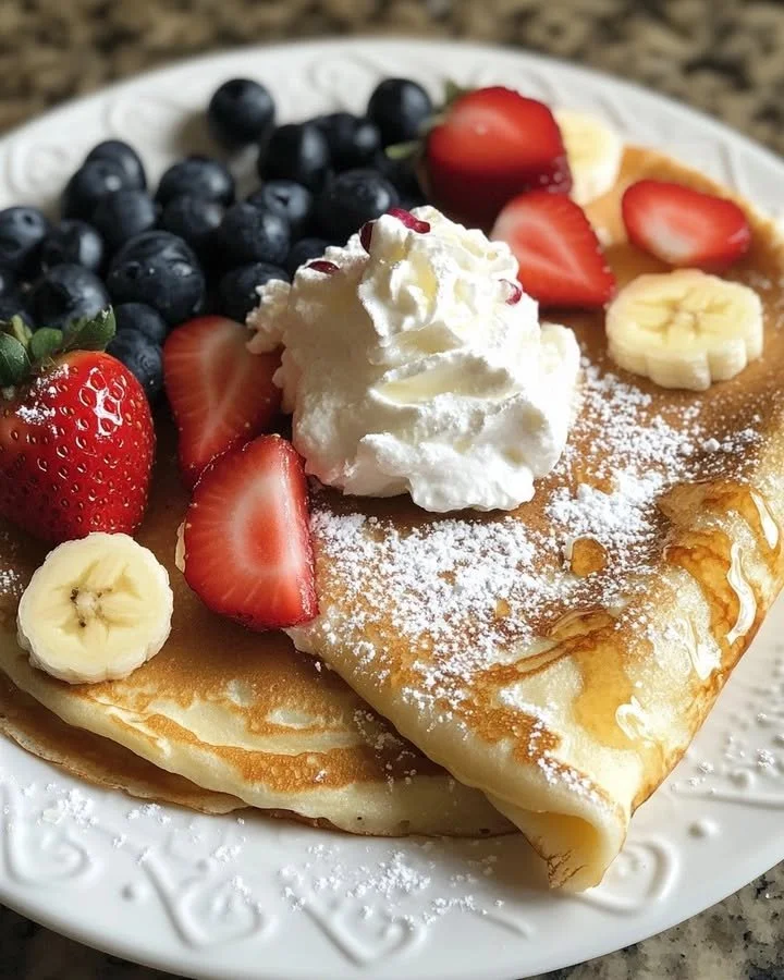 Delicious strawberry banana crepes served with fresh fruit and whipped cream.