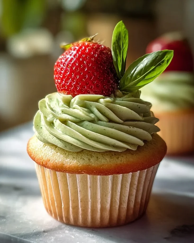 Delicious strawberry basil cupcakes with fresh strawberries and basil garnish