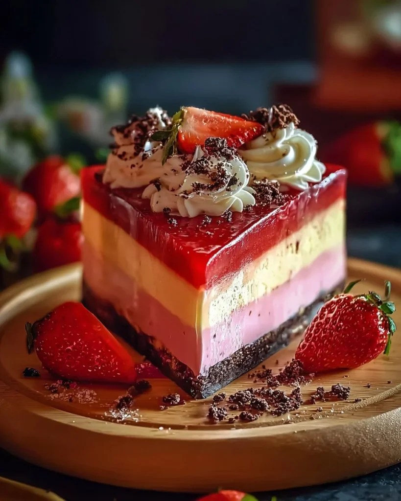 No-Bake Strawberry Bliss Cheesecake topped with fresh strawberries