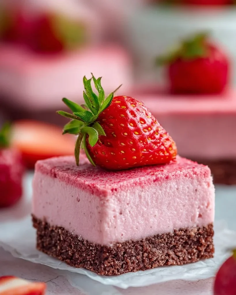 Delicious strawberry brownies topped with fresh strawberries and chocolate drizzle