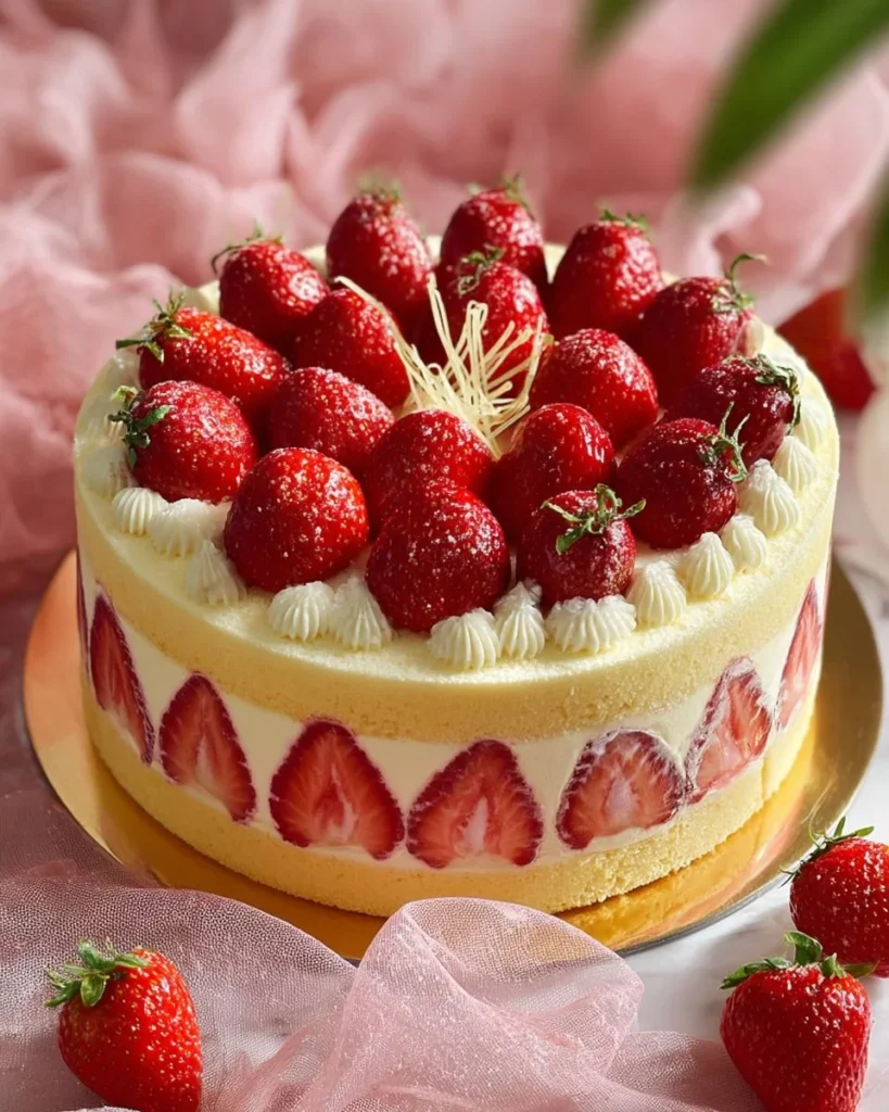 Delicious homemade strawberry cake with fresh strawberries and frosting