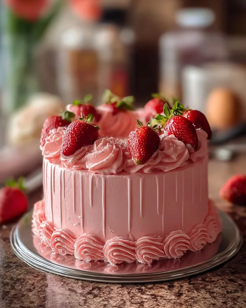 Strawberry cake with strawberry icing, decorated with fresh strawberries