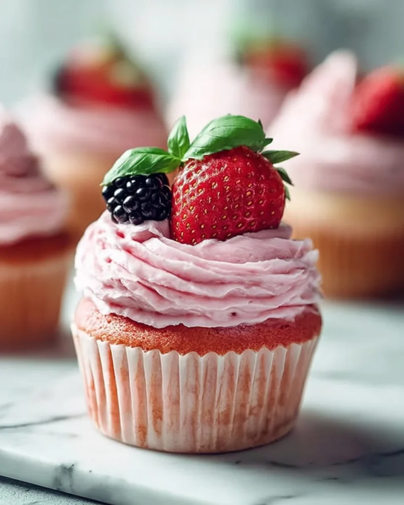 Delicious strawberry cupcakes with cardamom and strawberry basil buttercream frosting