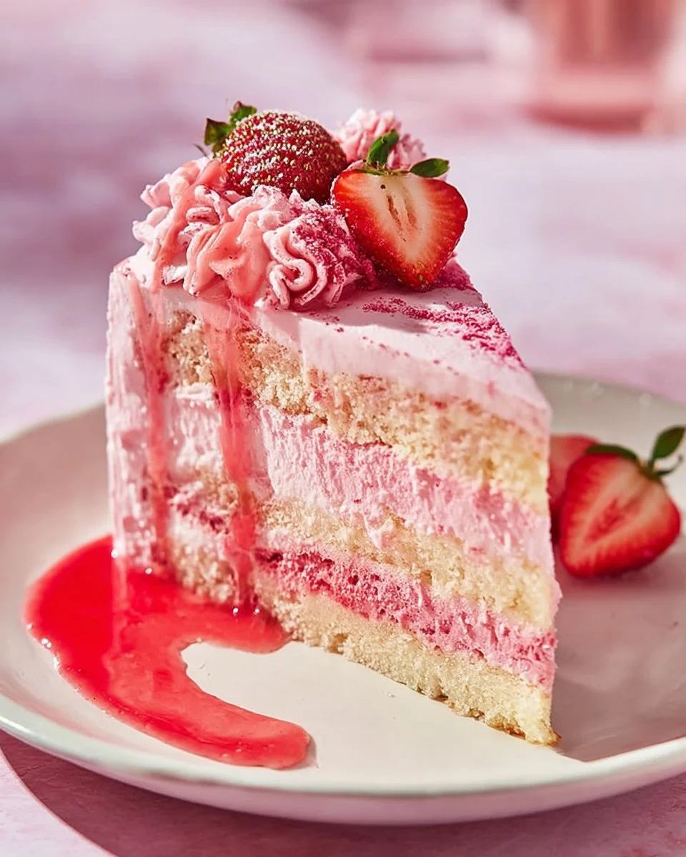 Delicious strawberry champagne cheesecake with champagne cake bottom dessert