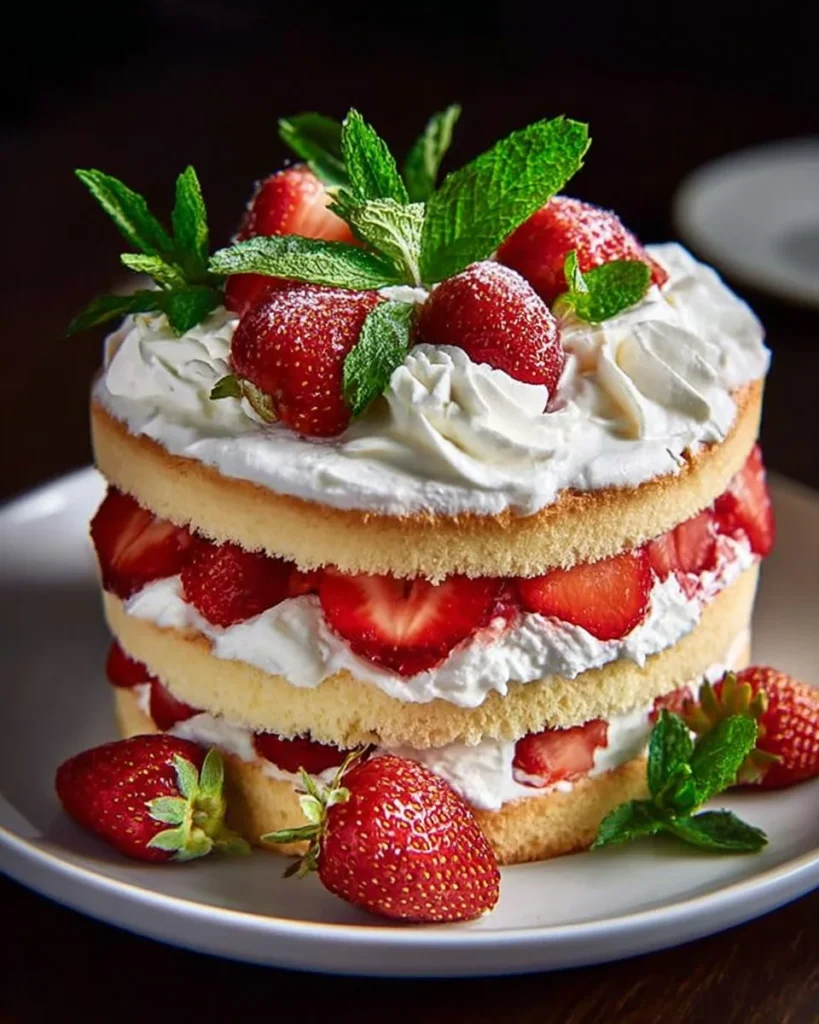 Strawberry Chantilly Cake topped with fresh strawberries and whipped cream.