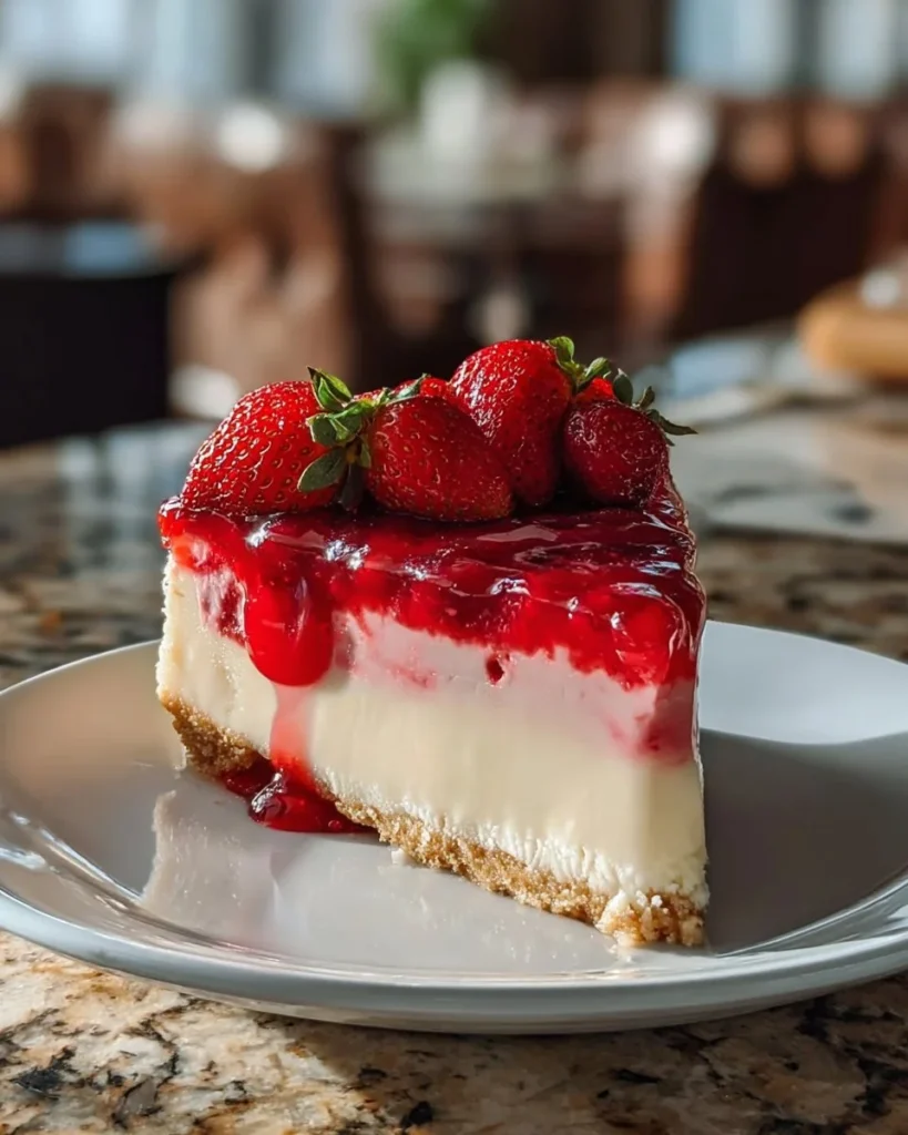 Delicious strawberry cheesecake topped with fresh strawberries and whipped cream