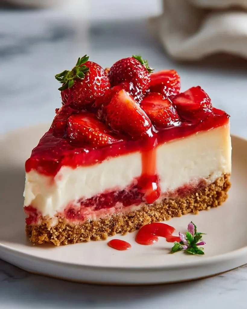 Delicious slice of strawberry cheesecake topped with fresh strawberries