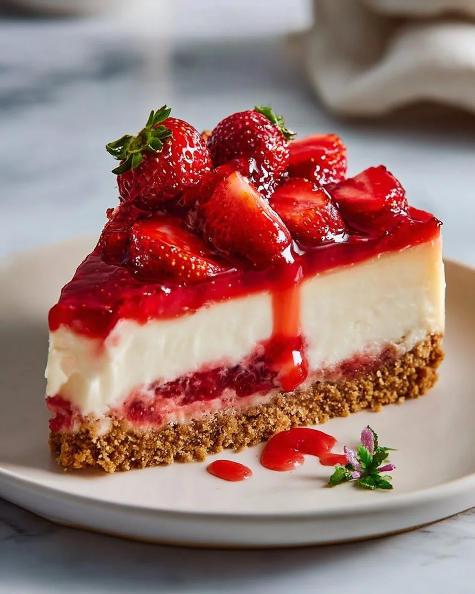 Delicious slice of strawberry cheesecake topped with fresh strawberries