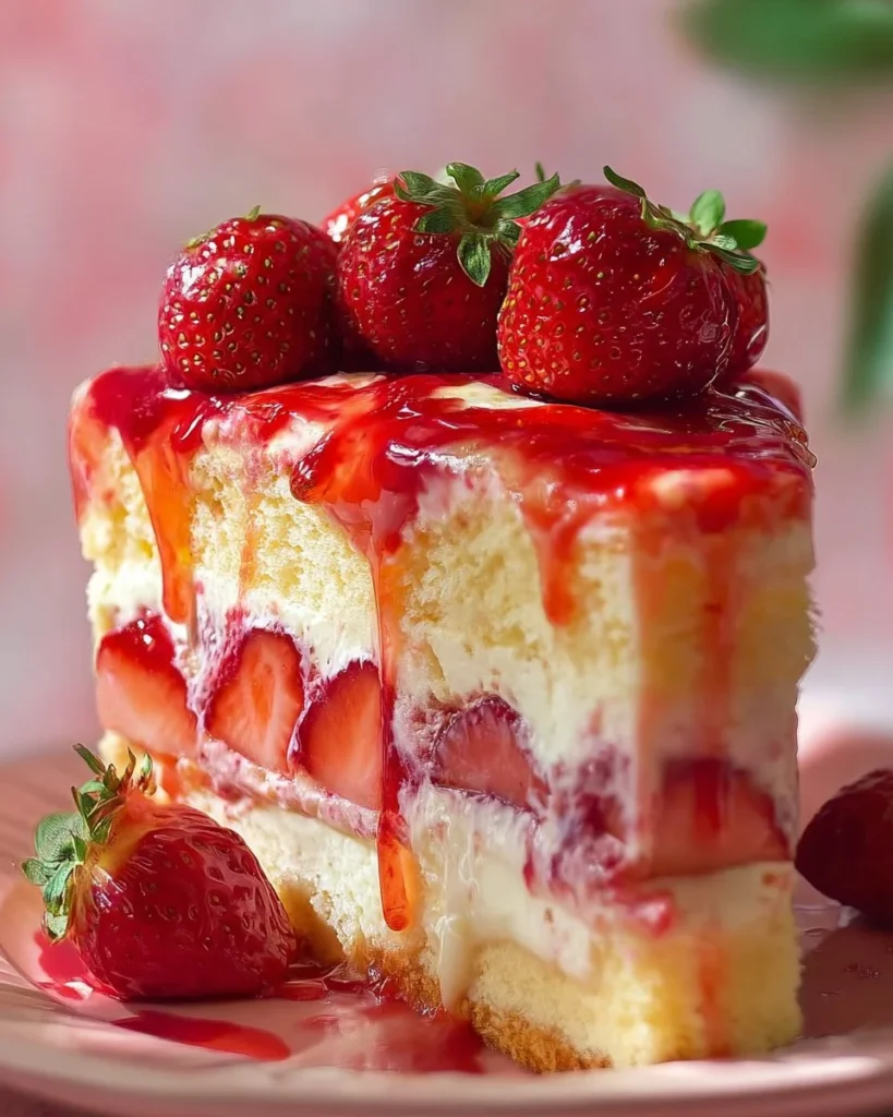 Delicious strawberry cheesecake topped with fresh strawberries