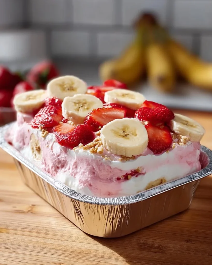 Delicious Strawberry Cheesecake Banana Pudding topped with fresh strawberries