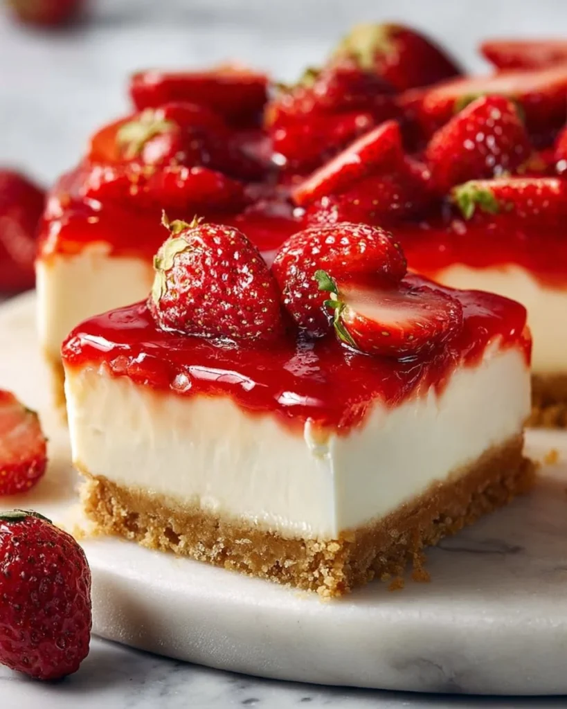 Delicious strawberry cheesecake bars topped with fresh strawberries