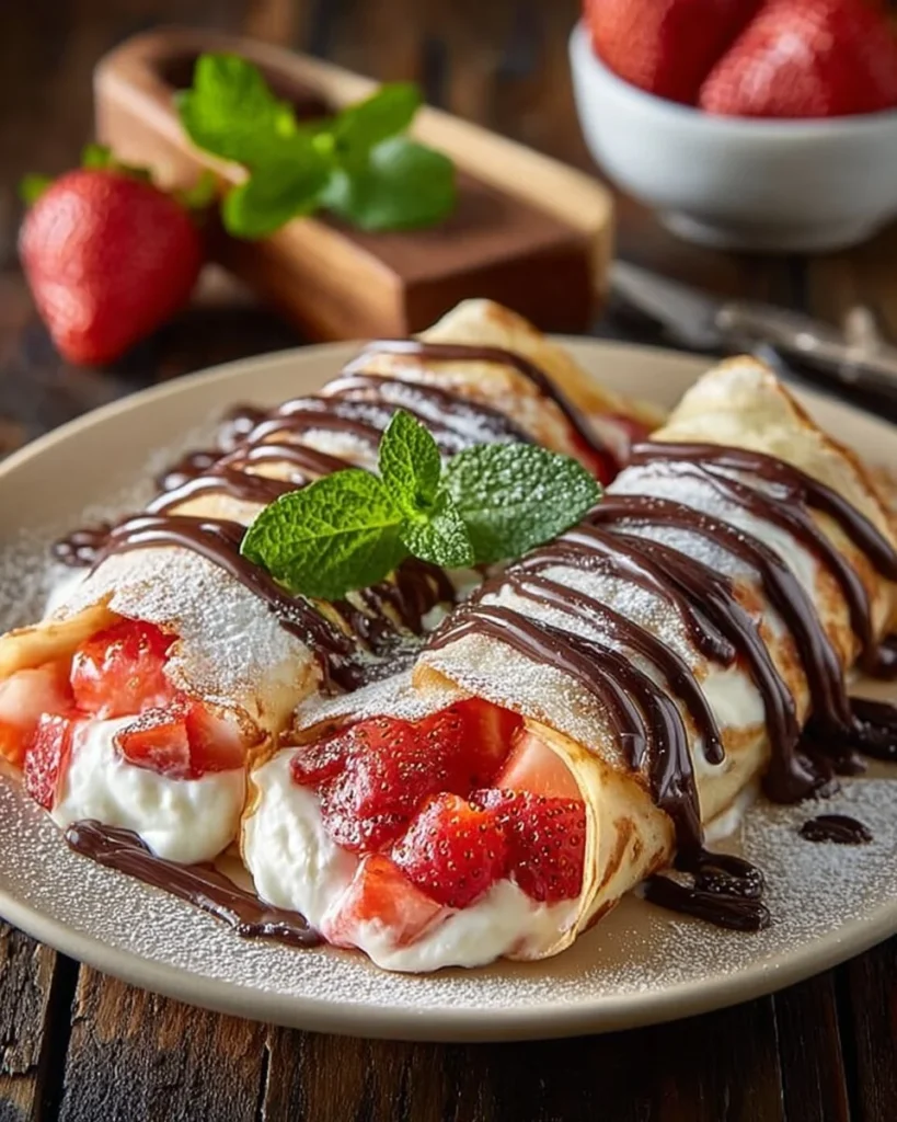 Delicious strawberry cheesecake chimichangas served with fresh strawberries