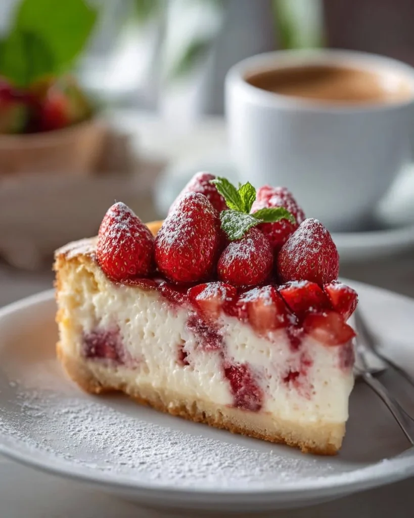 Delicious strawberry cheesecake coffee cake with fresh strawberries on top