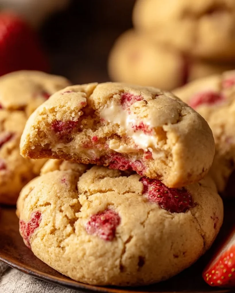 Delicious Strawberry Cheesecake Cookies topped with fresh strawberries.