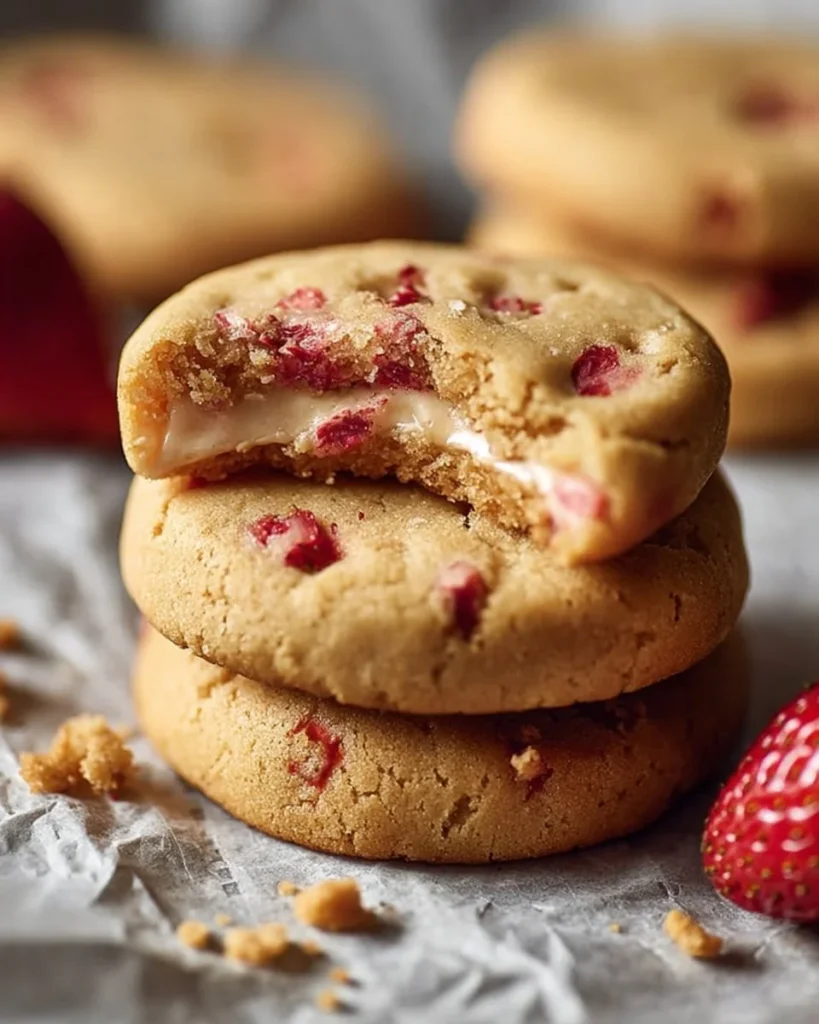 Delicious strawberry cheesecake cookies with fresh strawberries and creamy filling