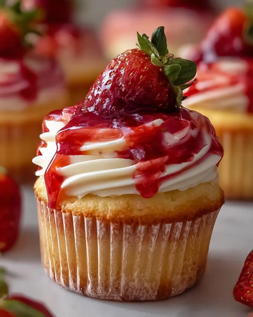 Strawberry cheesecake cupcakes topped with fresh strawberries and cream