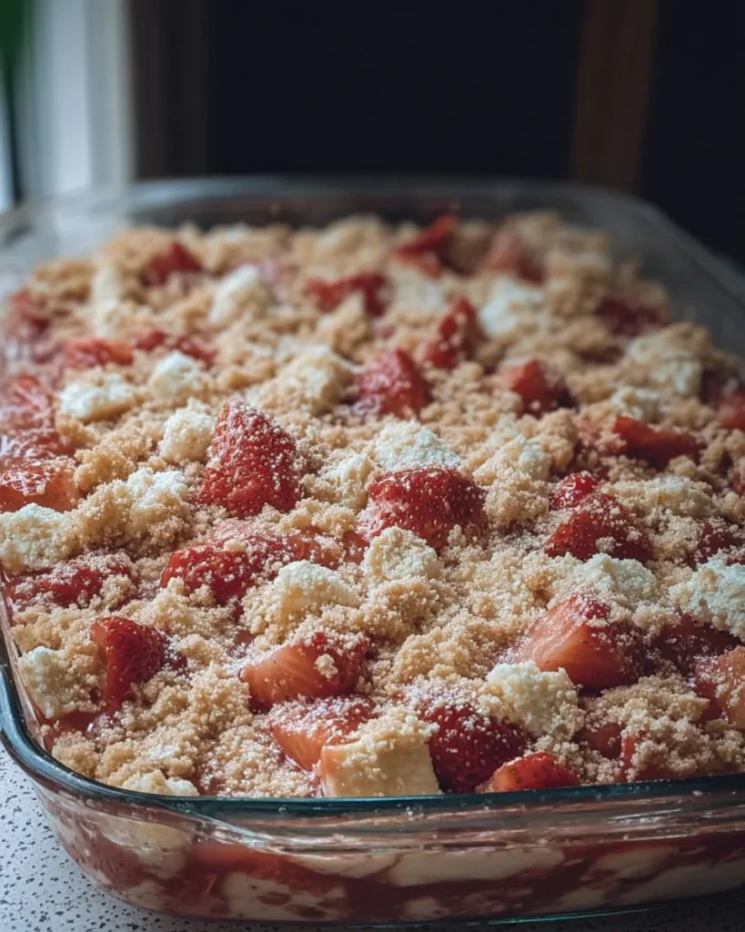 Strawberry cheesecake dump cake topped with fresh strawberries and whipped cream