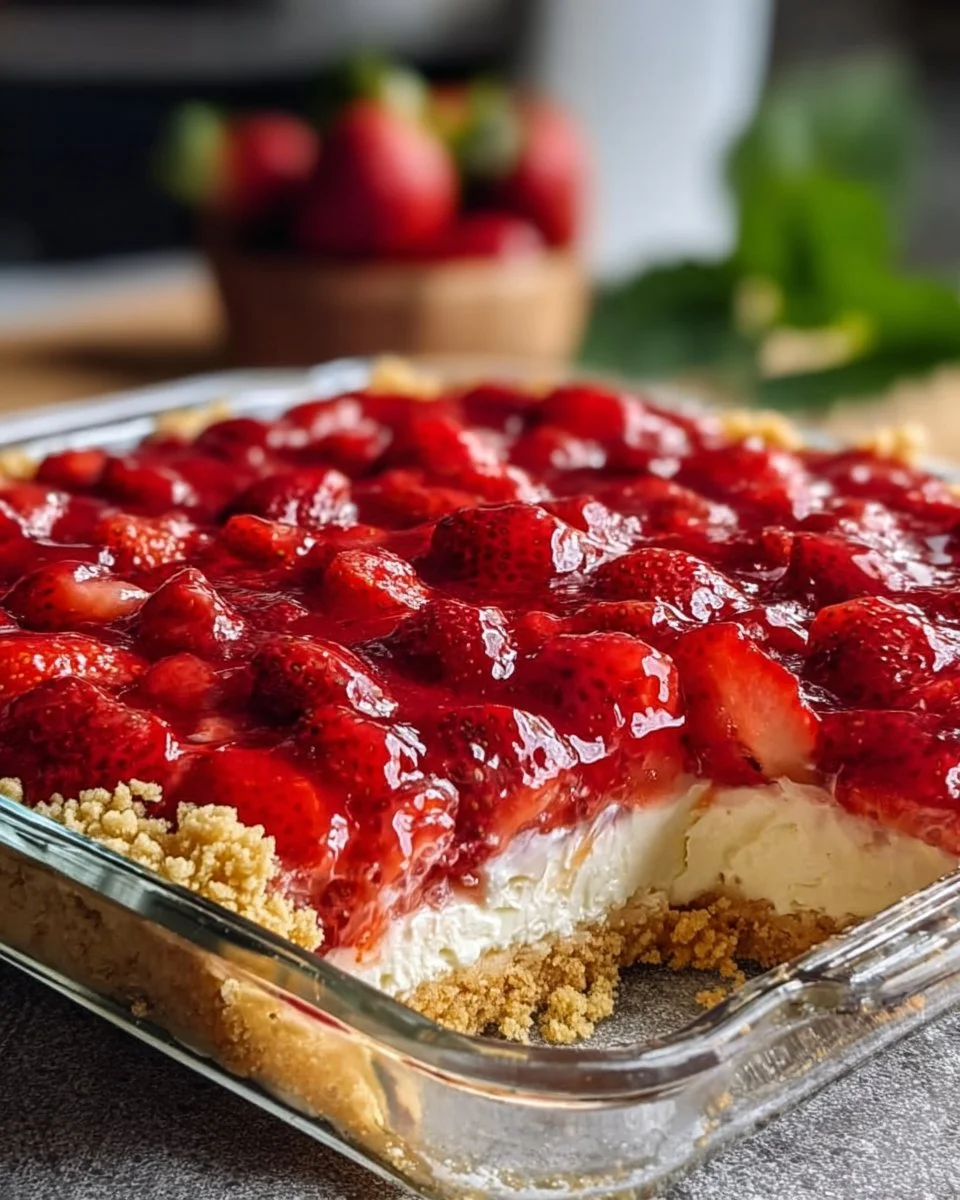 Delicious strawberry cheesecake dump cake served on a dessert plate