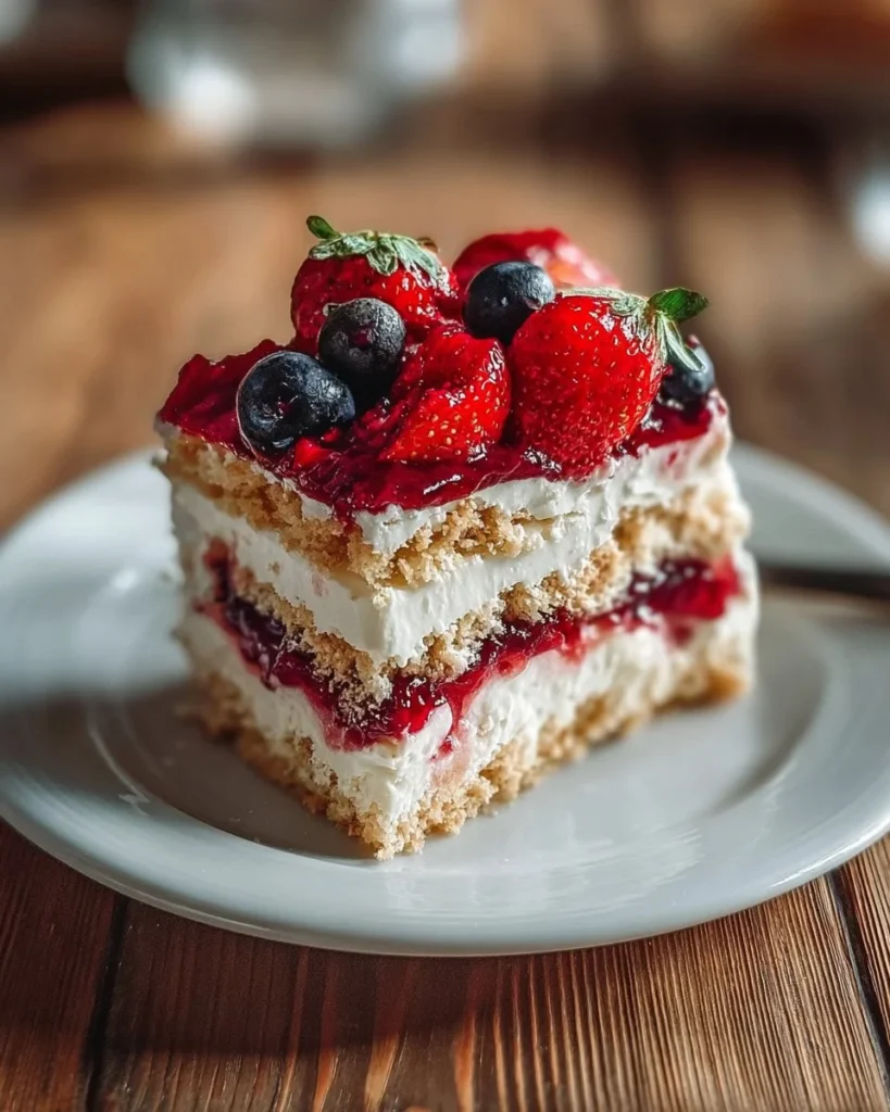 Delicious strawberry cheesecake dump cake served on a plate with fresh strawberries.