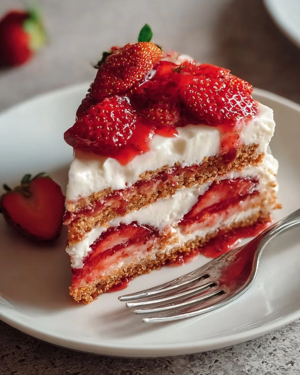 Delicious strawberry cheesecake dump cake with strawberries and creamy topping