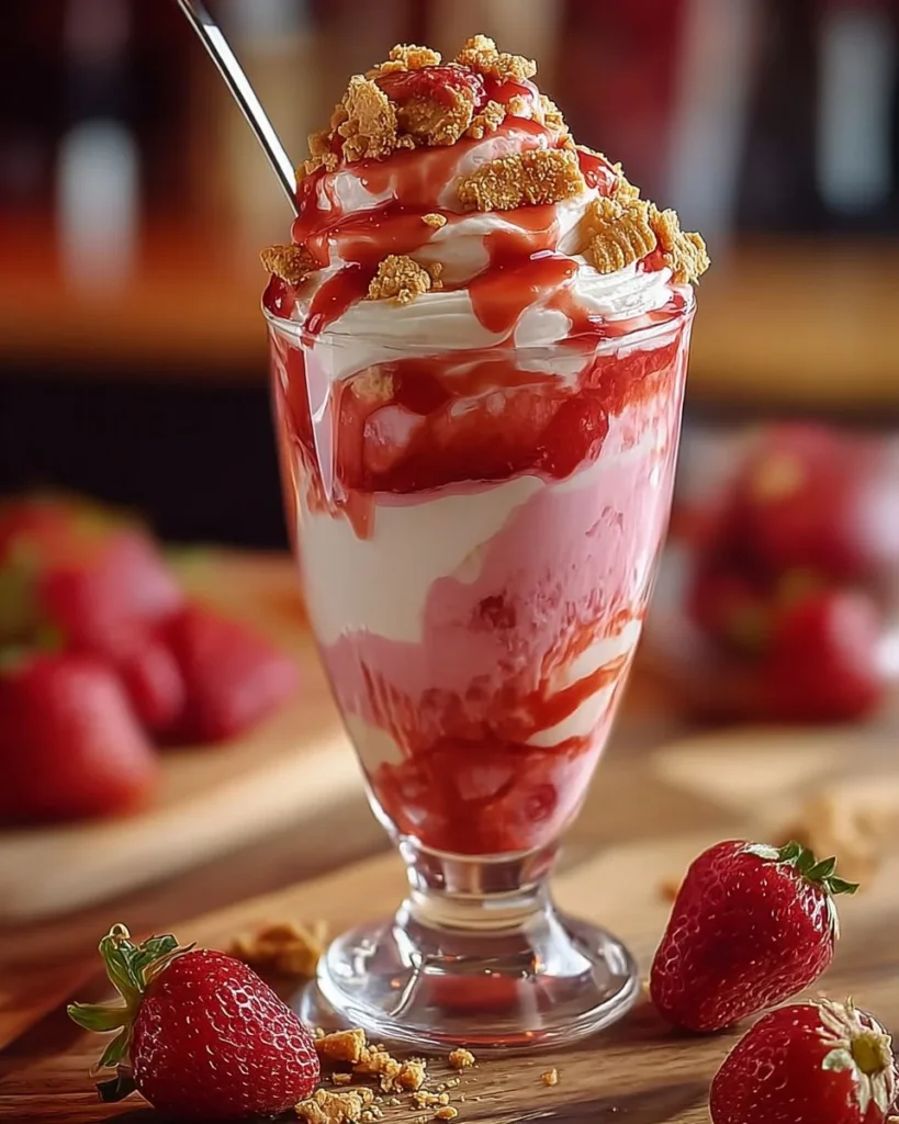 Strawberry cheesecake milkshake topped with whipped cream and fresh strawberries
