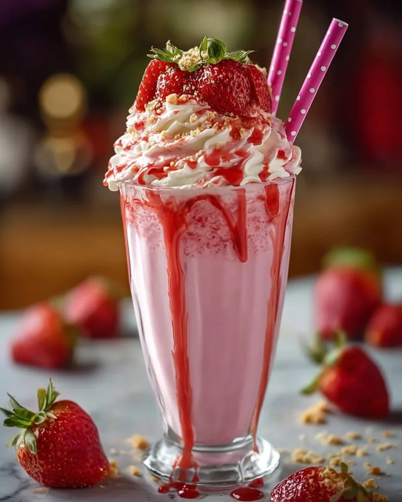 Strawberry cheesecake milkshake topped with whipped cream and fresh strawberries.