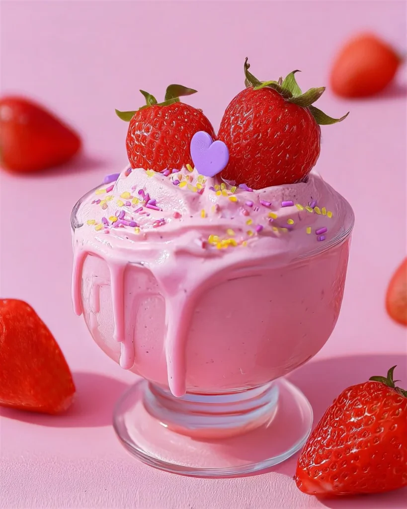Delicious Strawberry Cheesecake Mousse topped with fresh strawberries.