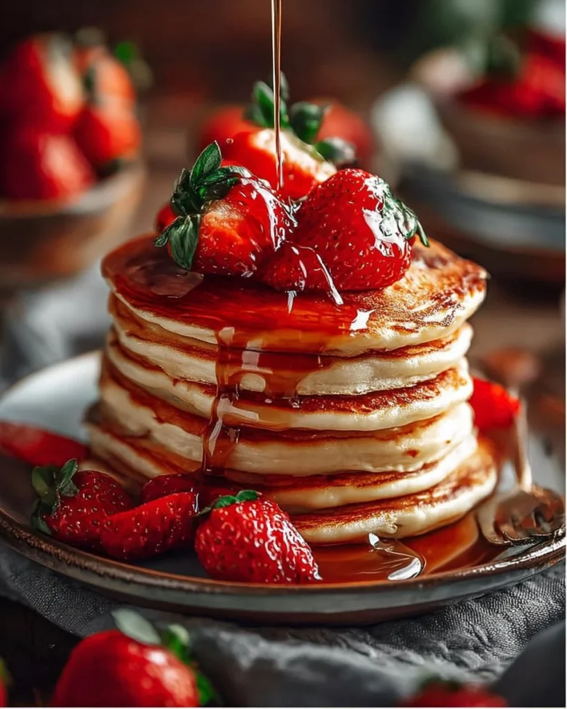 Delicious strawberry cheesecake pancakes topped with fresh strawberries and cream