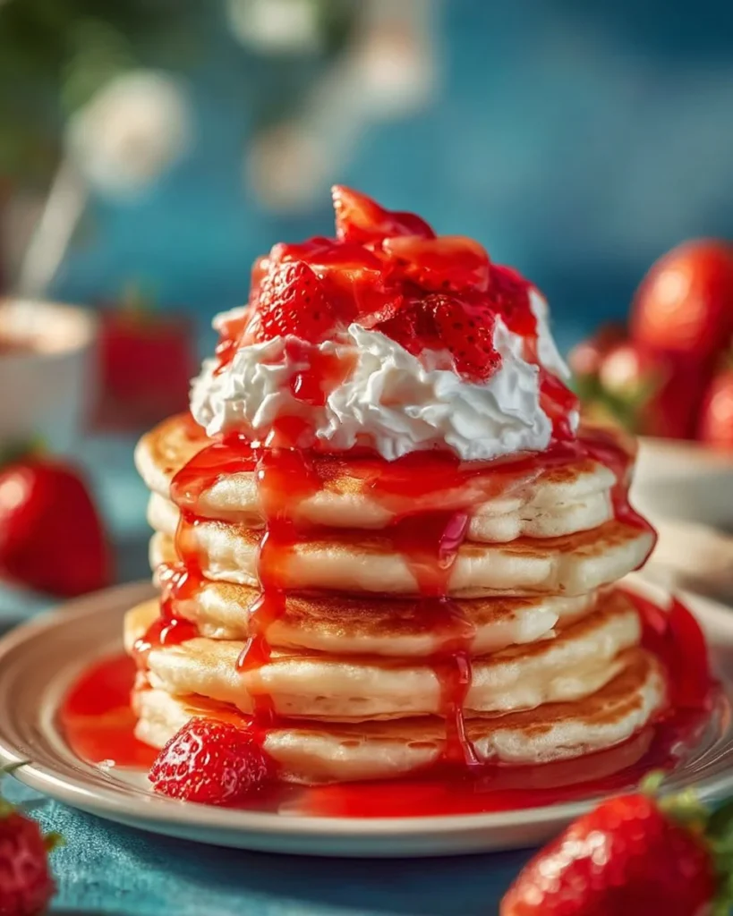 Delicious strawberry cheesecake pancakes topped with fresh strawberries and cream