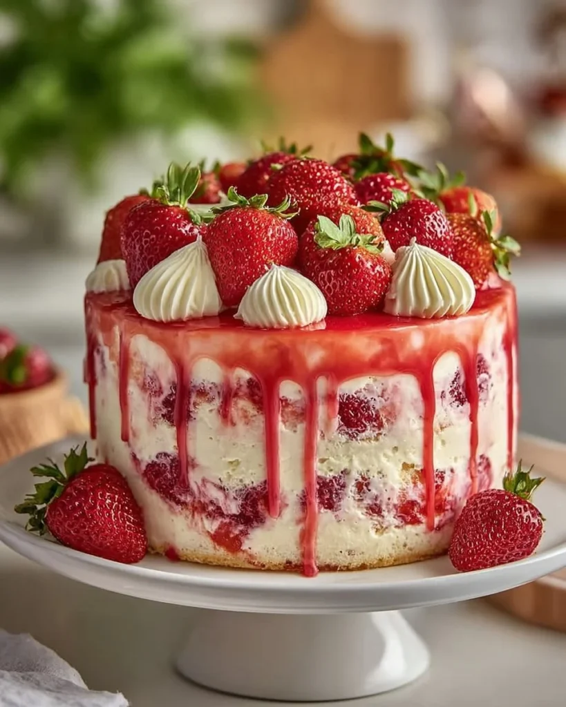 Delicious slice of Strawberry Cheesecake Pound Cake topped with fresh strawberries.