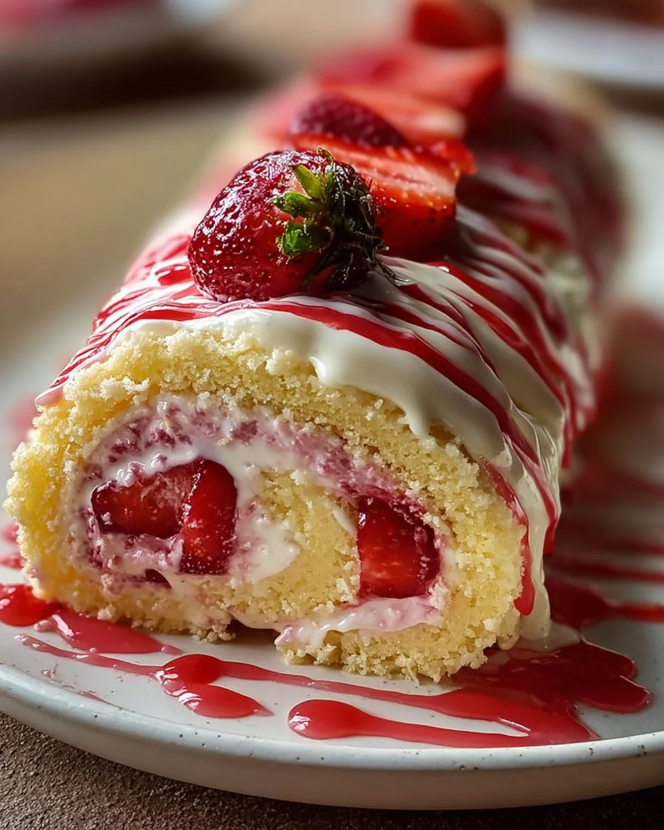 Strawberry cheesecake rolls on a white plate garnished with fresh strawberries