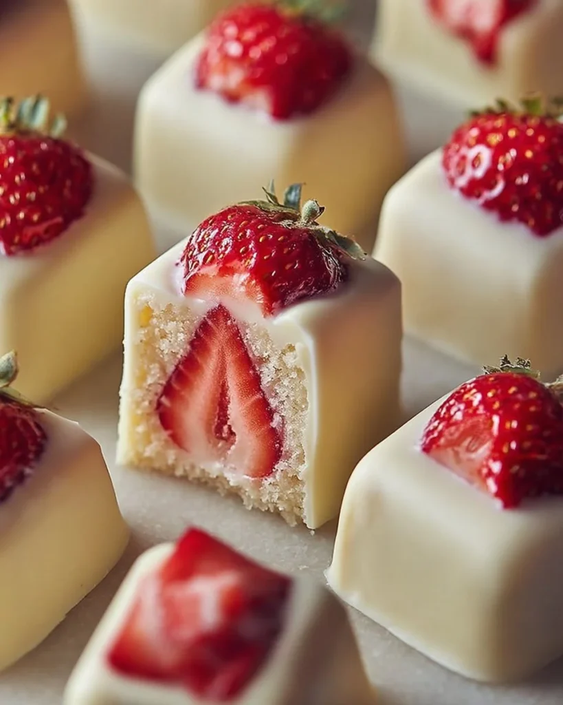 Strawberry cheesecake square bites coated in white chocolate