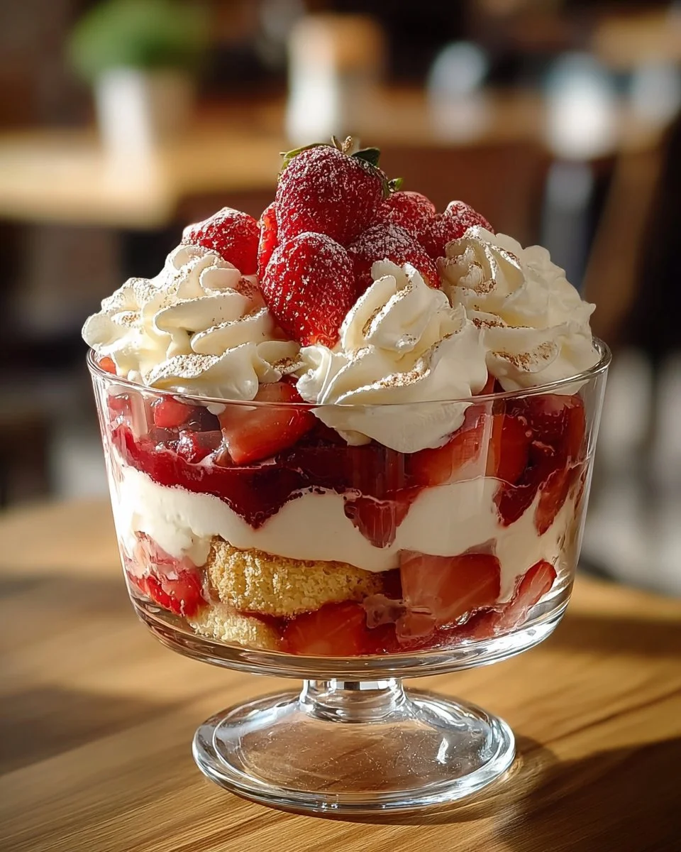 Delicious strawberry cheesecake trifle layered with fresh strawberries and creamy cheesecake.