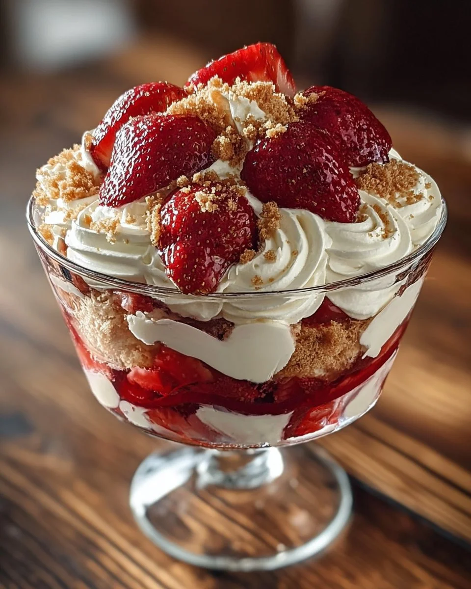Delicious strawberry cheesecake trifle layered with cheesecake and fresh strawberries