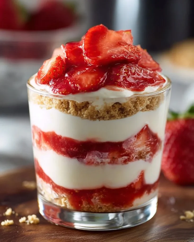 Delicious strawberry cheesecake trifle with layers of cream and strawberries
