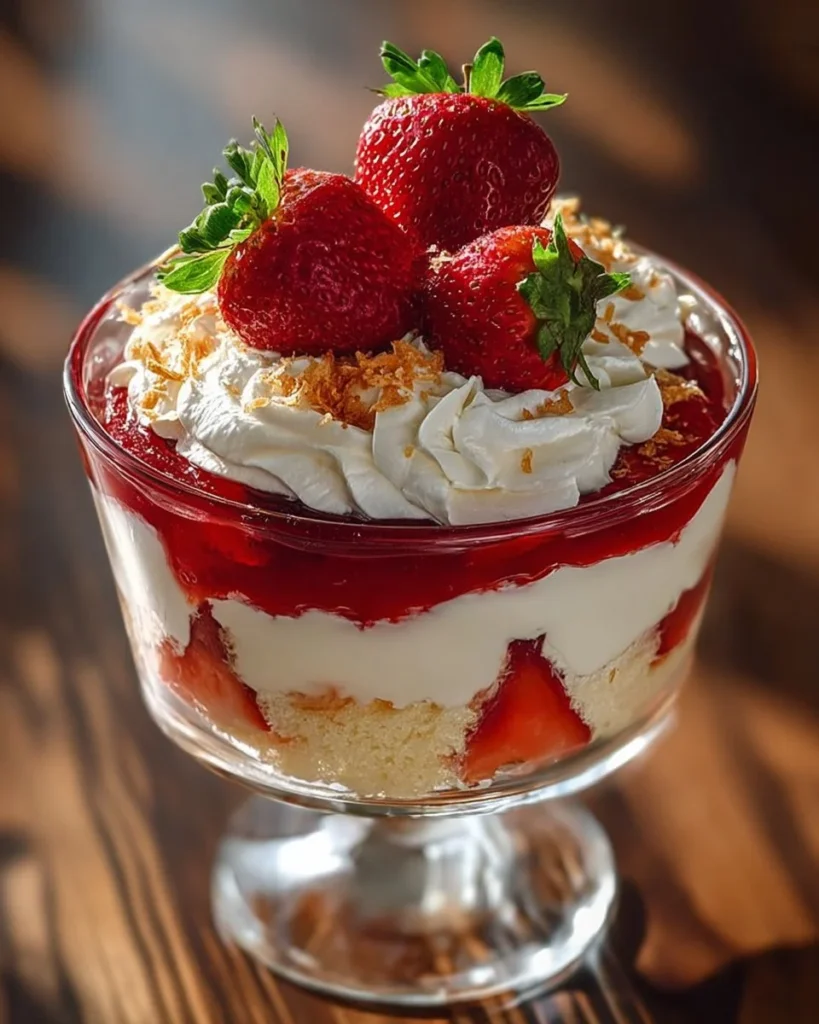Strawberry cheesecake trifle layered with fresh strawberries and creamy filling